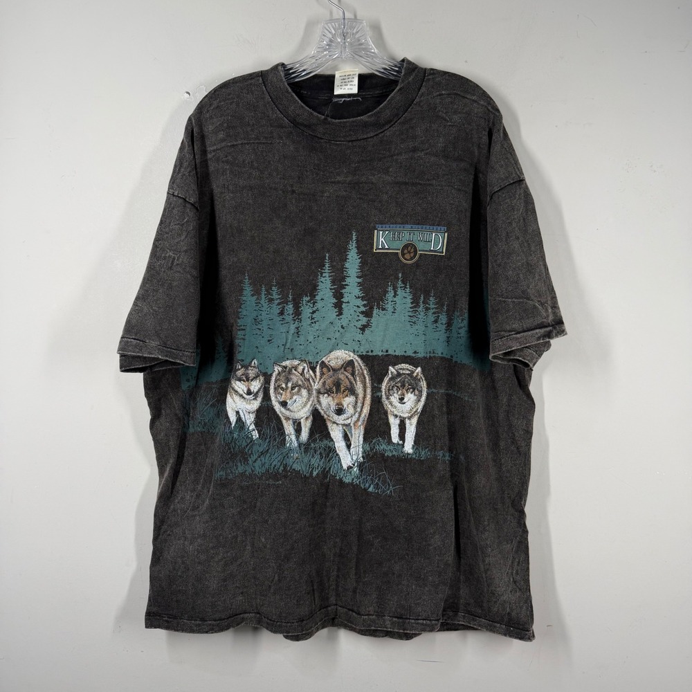 Vintage Keep It Wild Wolf Graphic T-Shirt Single Stitch Acid Wash Grey Men Large
